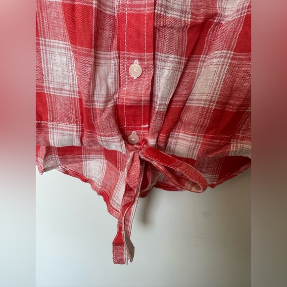 NEW Sanctuary Plaid Linen Blend Short Sleeve Cinched Waist Button Down - Picture 4 of 6